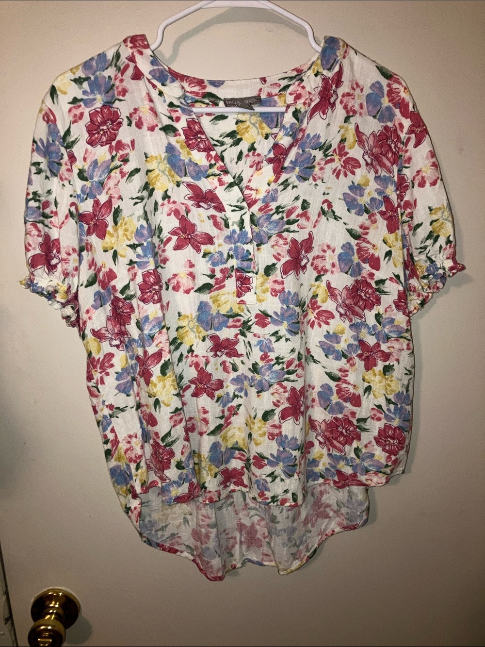 Falls Creek White Floral Split-Neck Blouse with Pink, Blue & Yellow Flowers